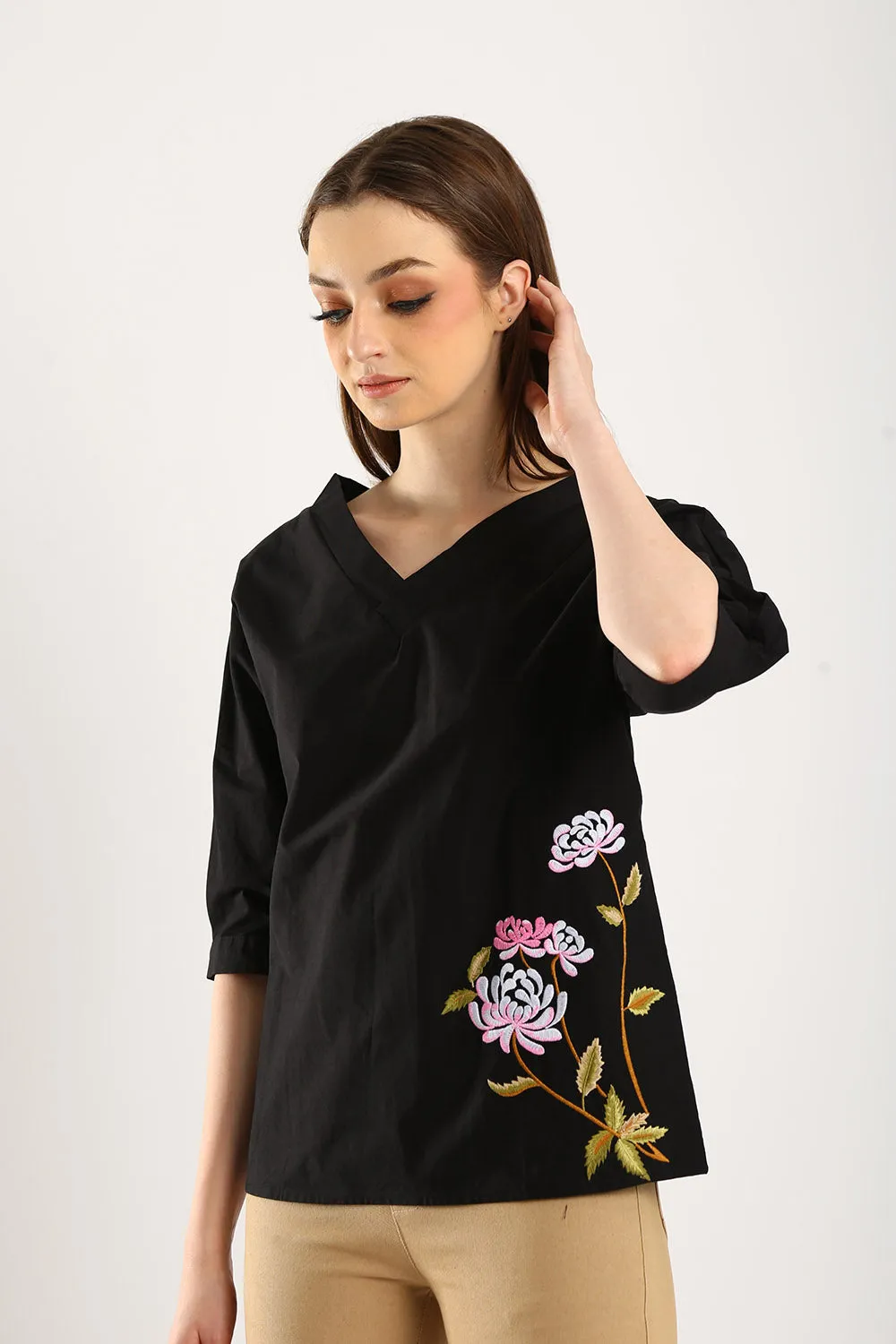 100% Cotton Embroidered Blouse in Black