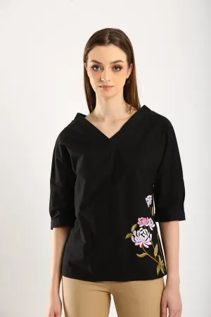 100% Cotton Embroidered Blouse in Black