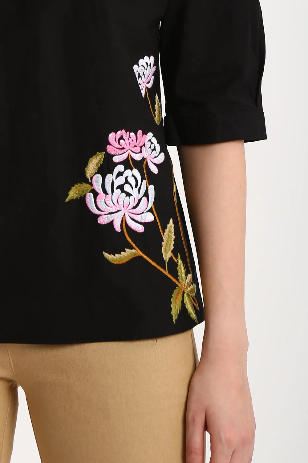 100% Cotton Embroidered Blouse in Black