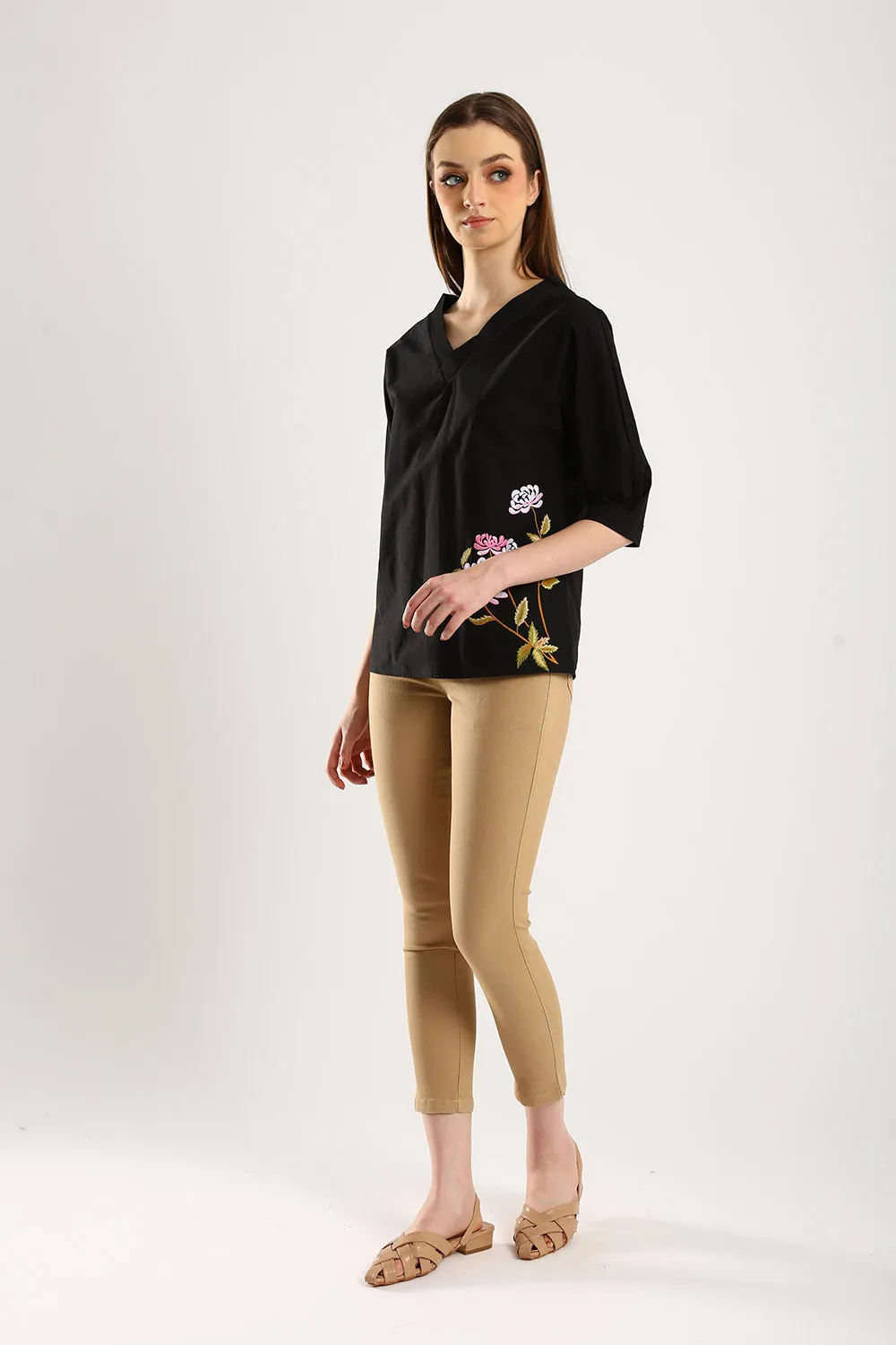 100% Cotton Embroidered Blouse in Black