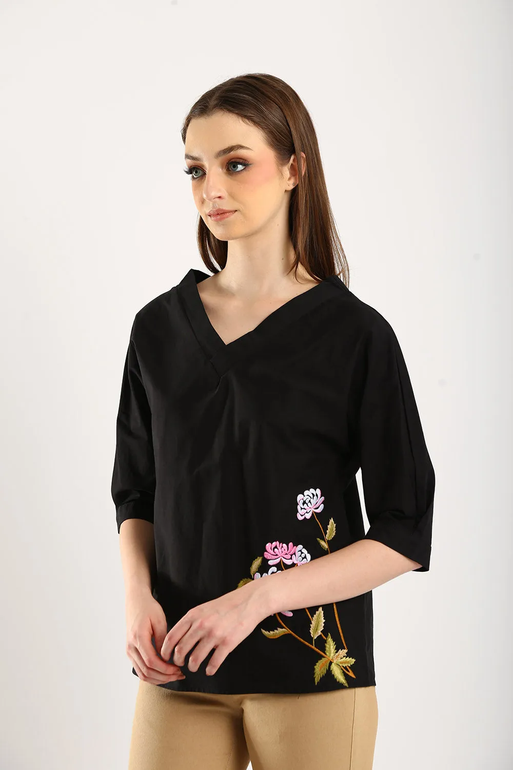 100% Cotton Embroidered Blouse in Black