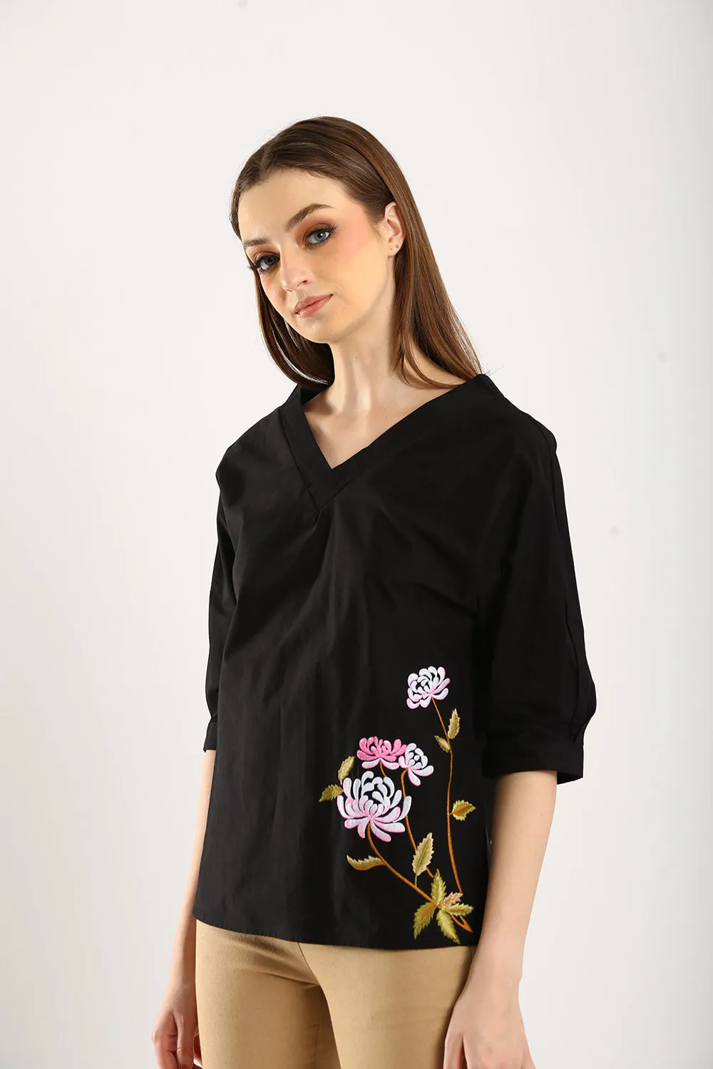 100% Cotton Embroidered Blouse in Black