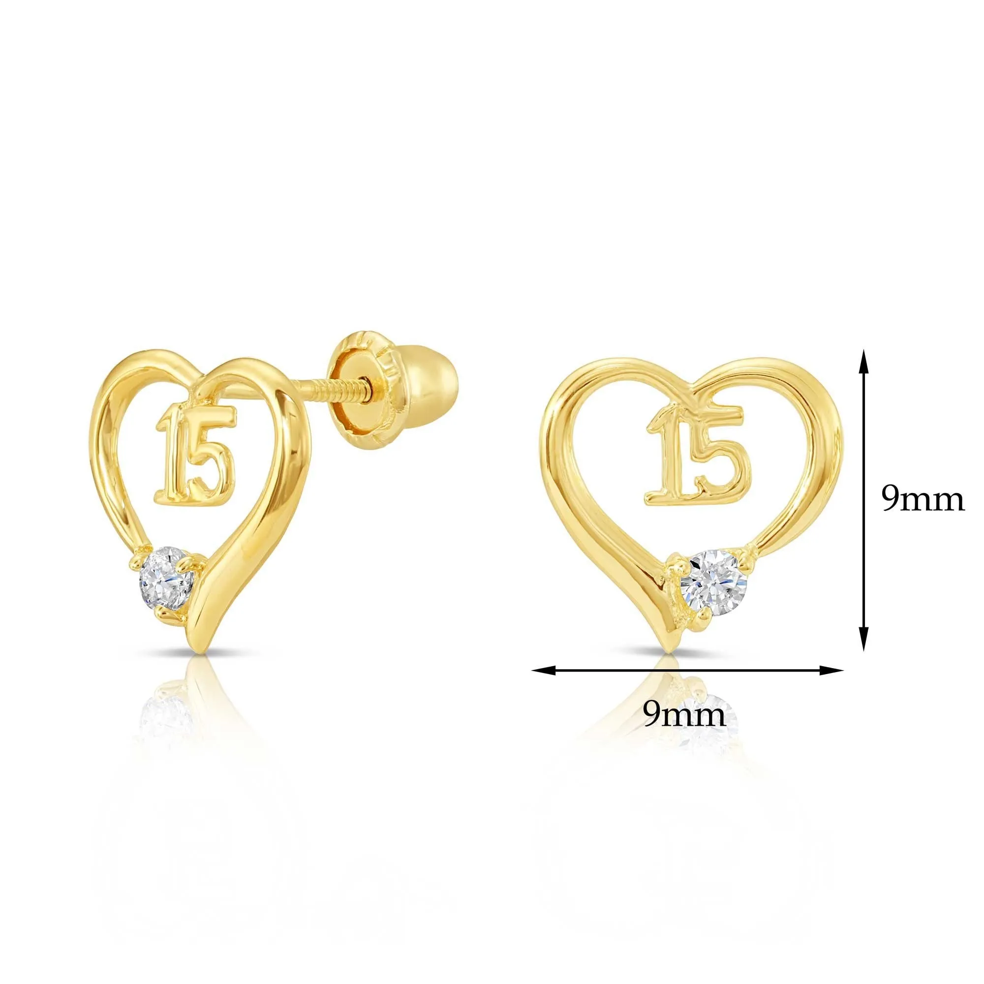 10k Yellow Gold 15th Birthday Heart Stud Earrings