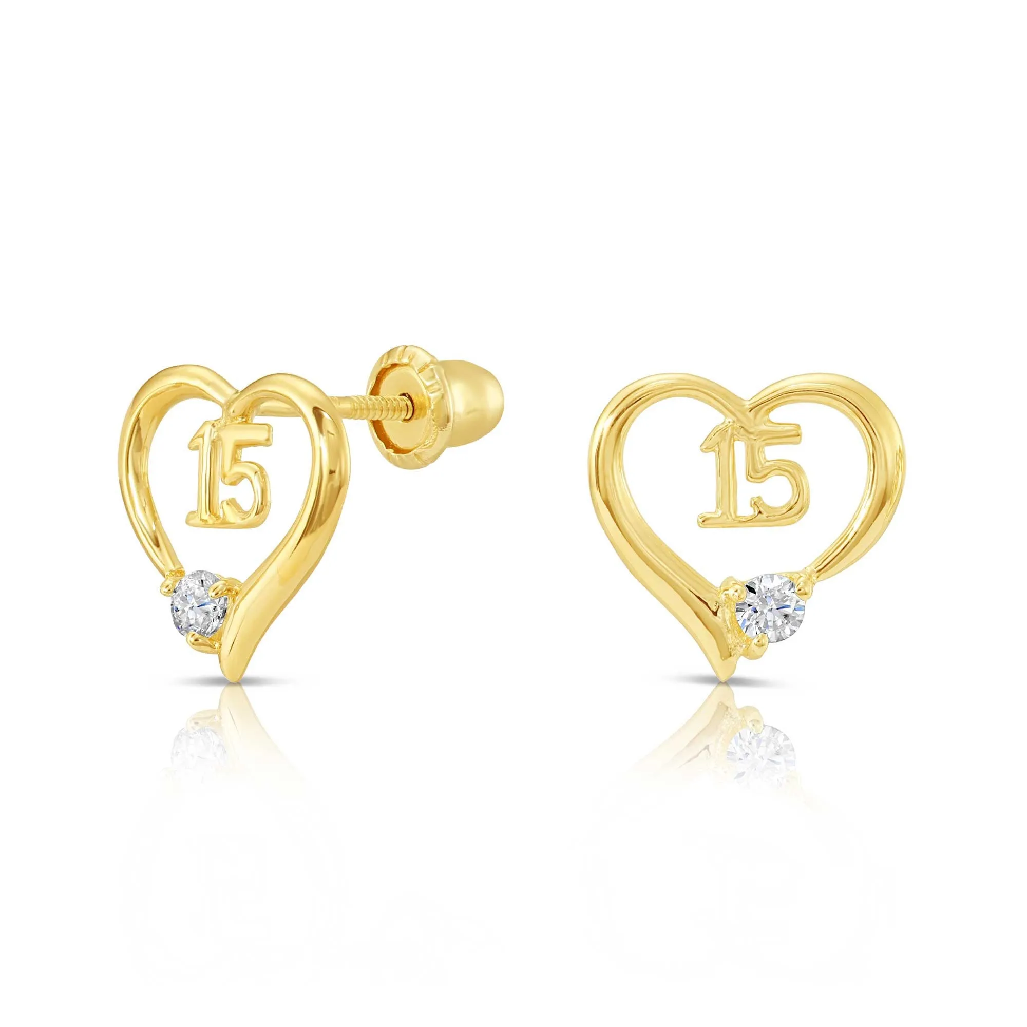 10k Yellow Gold 15th Birthday Heart Stud Earrings