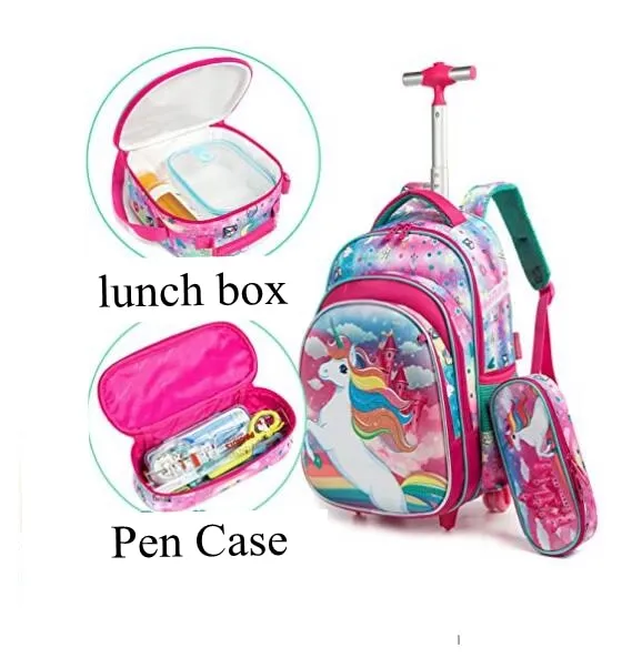 16-inch, 3-piece Cartoon Print Kids Rolling Schoolbag Set with Lunch Bag