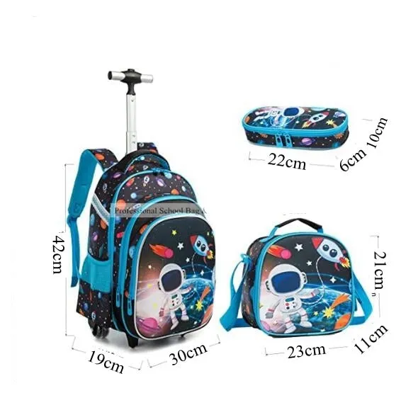 16-inch, 3-piece Cartoon Print Kids Rolling Schoolbag Set with Lunch Bag