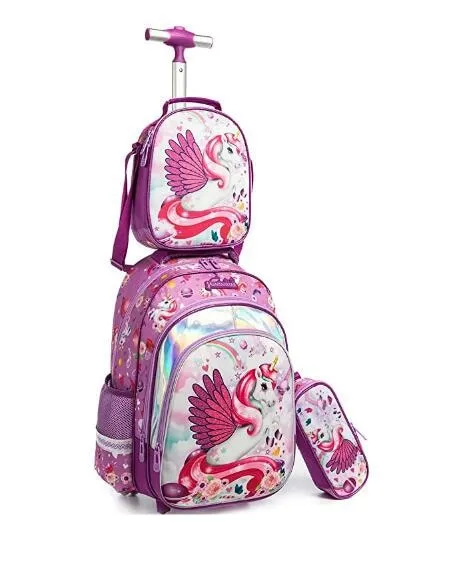 16-inch, 3-piece Cartoon Print Kids Rolling Schoolbag Set with Lunch Bag