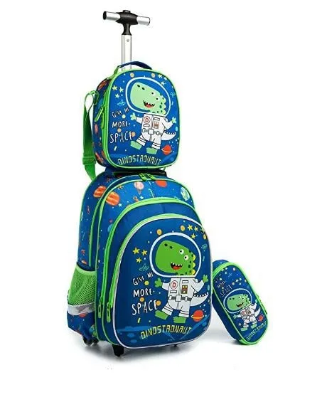 16-inch, 3-piece Cartoon Print Kids Rolling Schoolbag Set with Lunch Bag