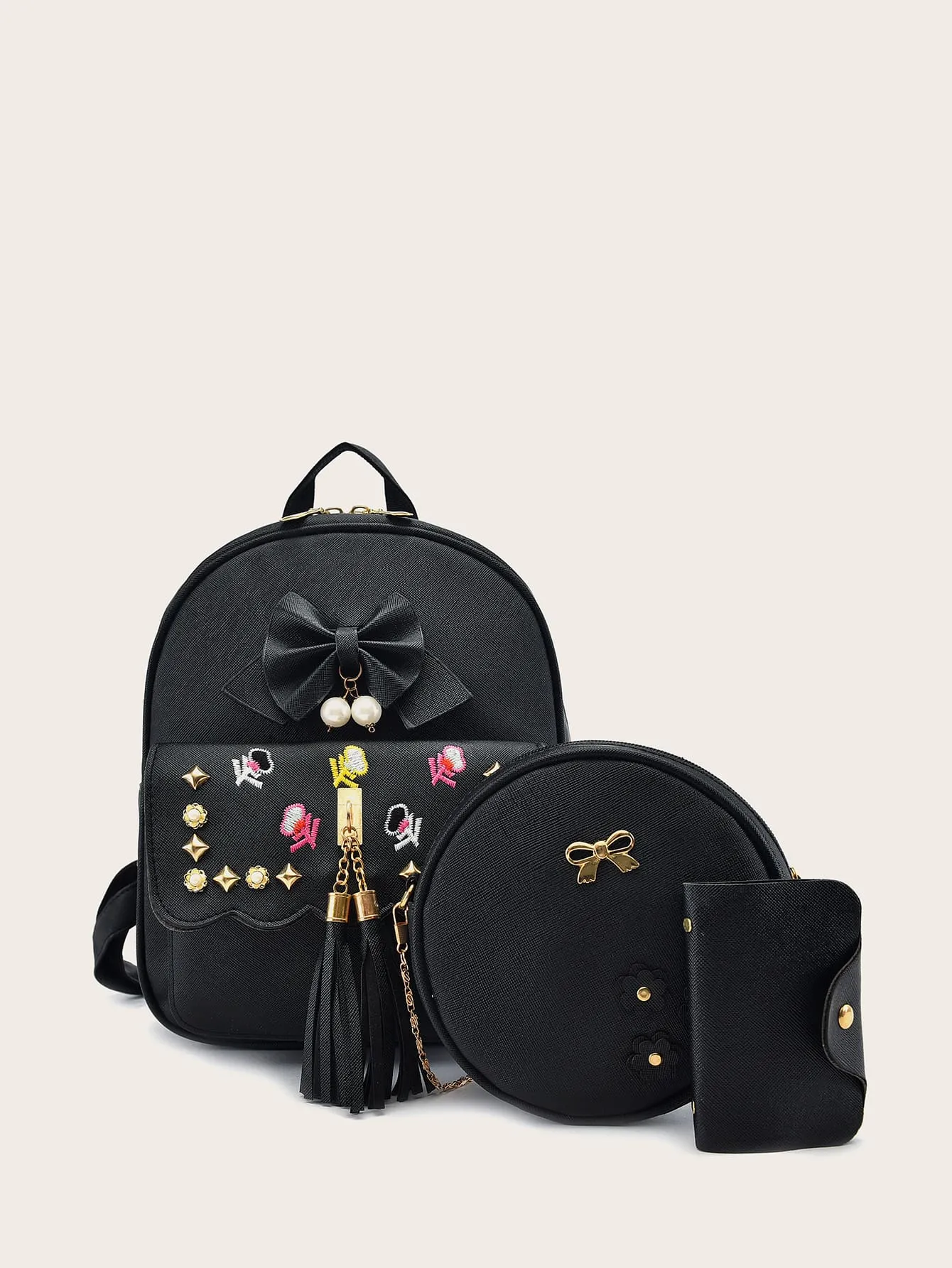 3pcs Tassel & Studded Decor Backpack Set