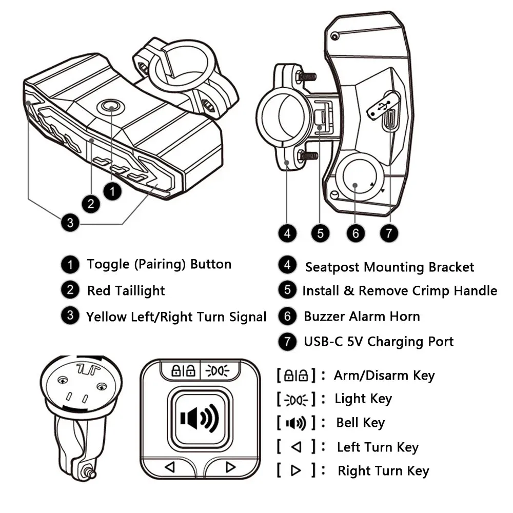 5in1 Bike Taillight with Turn Signals Anti-Theft Alarm LED Rear Light Waterproof with 6Models RC for MTB Road Bike Night Cycling