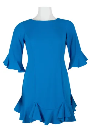 Adrianna Papell Crew Neck Circular Flounce Sleeve Zipper Back Flutter Solid Crepe Dress (Plus Size)