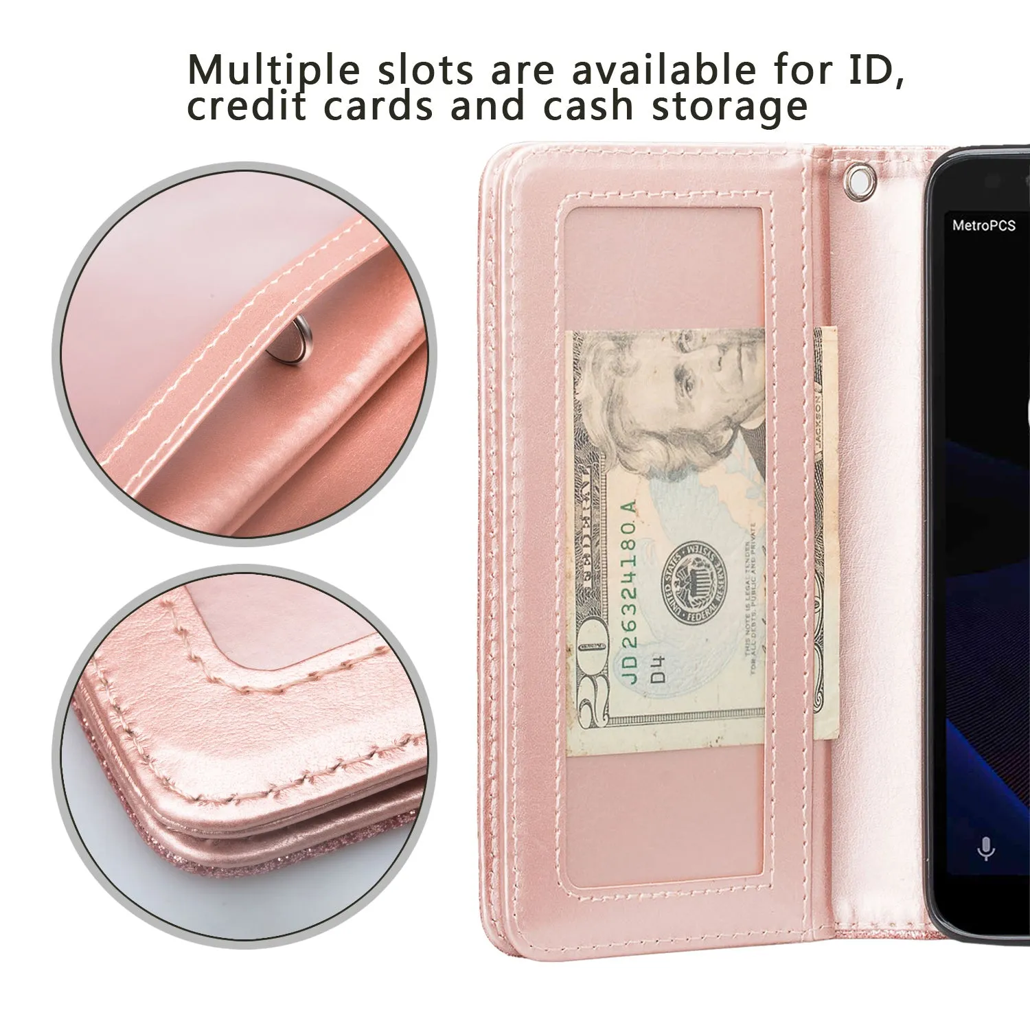 Alcatel 1x Evolve, TCL LX, Avalon V, IdealXTRA Glitter Faux Leather Flip Credit Card Holder Wrist Strap Shockproof Protective Wallet Case Clutch - Rose Gold