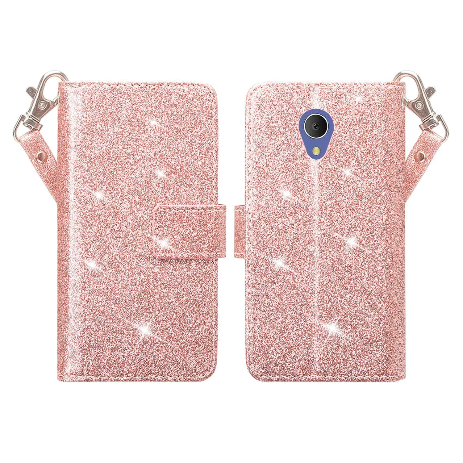 Alcatel 1x Evolve, TCL LX, Avalon V, IdealXTRA Glitter Faux Leather Flip Credit Card Holder Wrist Strap Shockproof Protective Wallet Case Clutch - Rose Gold