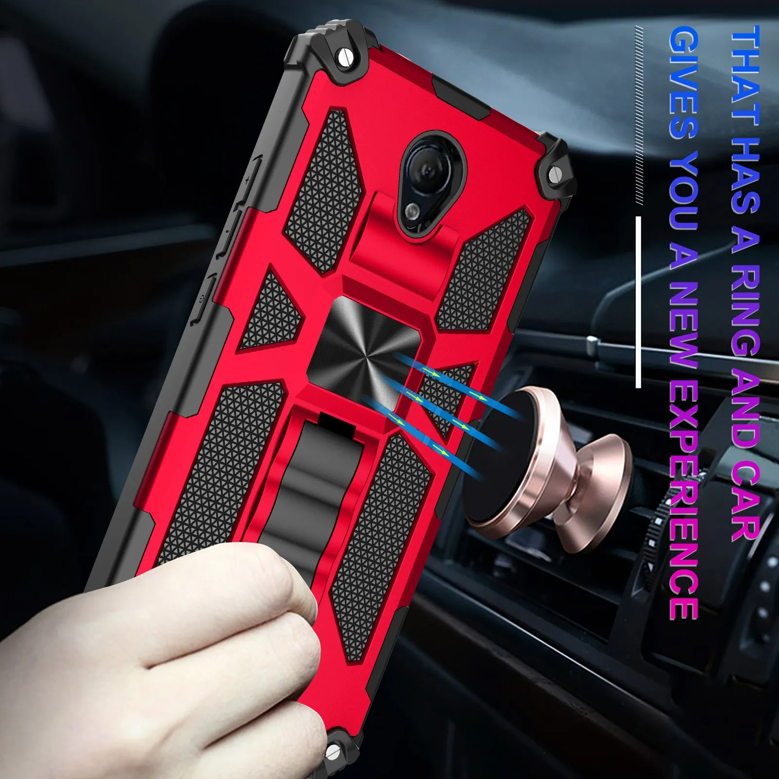 AT&T Fusion Z / Motivate Case [Military Grade] Ring Car Mount Kickstand Hybrid Hard PC Soft TPU Shockproof Protective Case - Red