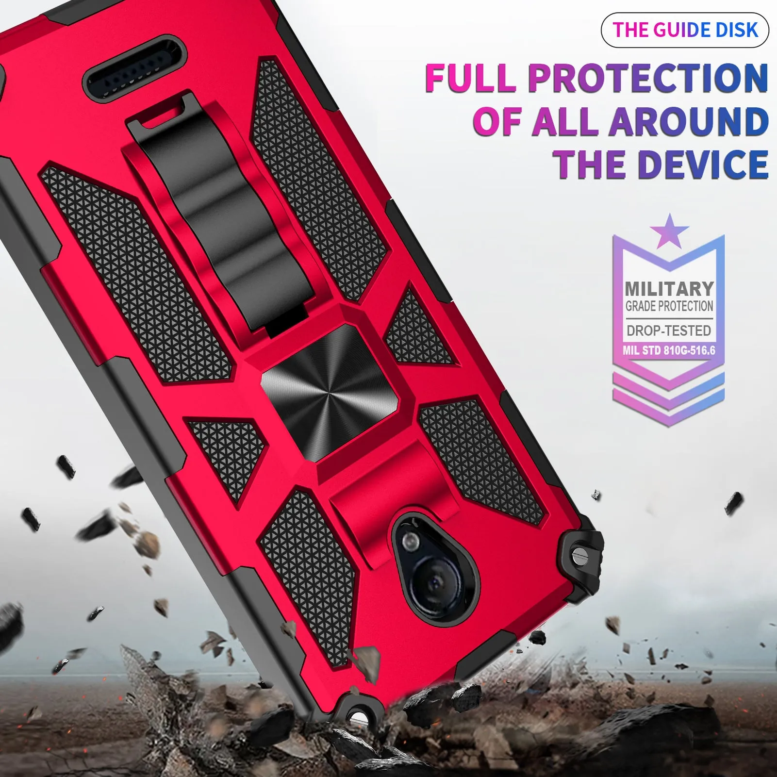 AT&T Fusion Z / Motivate Case [Military Grade] Ring Car Mount Kickstand Hybrid Hard PC Soft TPU Shockproof Protective Case - Red