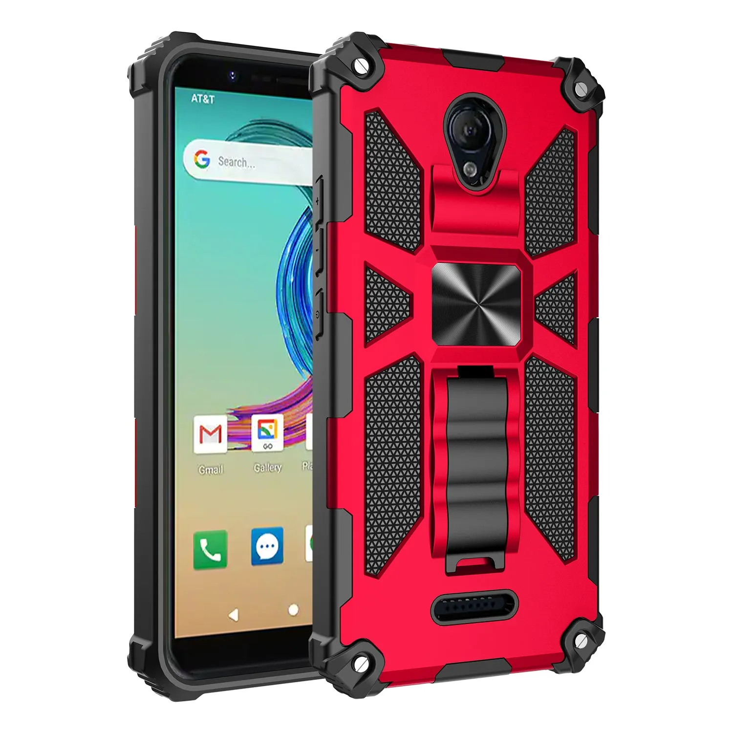 AT&T Fusion Z / Motivate Case [Military Grade] Ring Car Mount Kickstand Hybrid Hard PC Soft TPU Shockproof Protective Case - Red