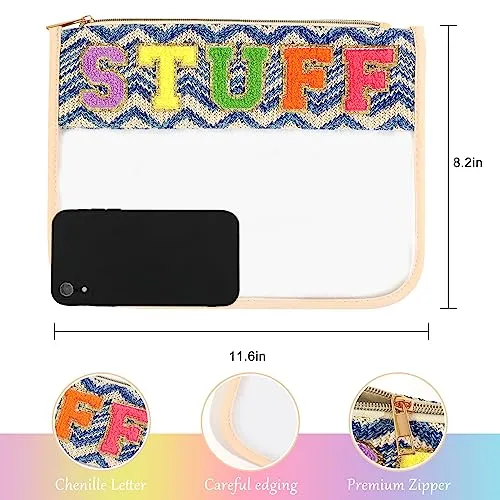 BCRMPT Chenille Letter Stuff Bag Boho Patch Travel Cosmetic Pouch,Preppy Makeup Things Bag Clear Cosmetic Toiletry Bags,Clear Makeup Letter Bag Waterproof Zipper Nylon Pouch for Women