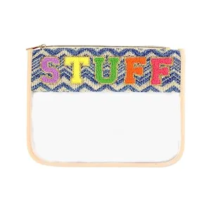 BCRMPT Chenille Letter Stuff Bag Boho Patch Travel Cosmetic Pouch,Preppy Makeup Things Bag Clear Cosmetic Toiletry Bags,Clear Makeup Letter Bag Waterproof Zipper Nylon Pouch for Women