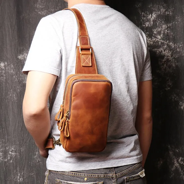 Best Brown Leather Men's Sling Bag Chest Bag Brown One shoulder Backpack Sling Pack For Men