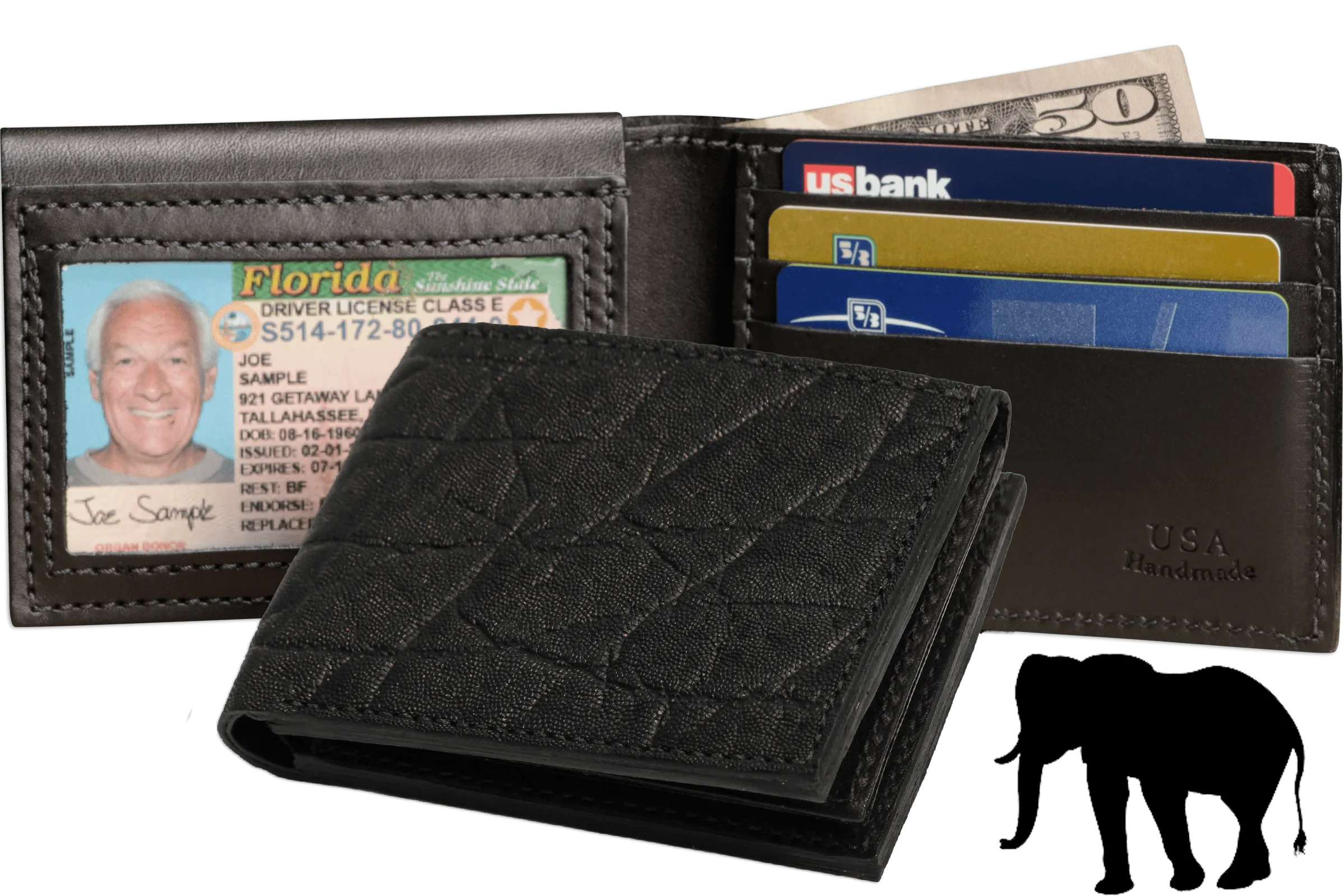 Black Elephant Luxury Designer Exotic Bifold Wallet With Flip Up ID Window