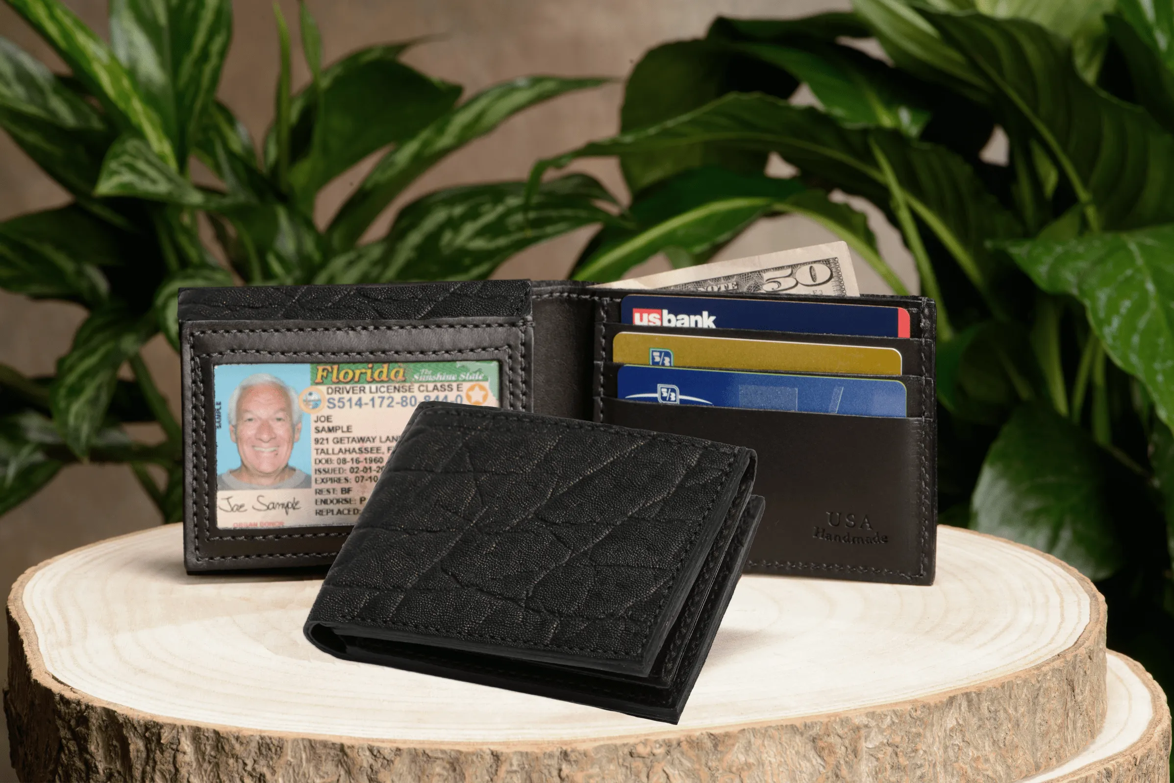 Black Elephant Luxury Designer Exotic Bifold Wallet With Flip Up ID Window