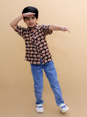 Black Elephant Print Boys Shirt