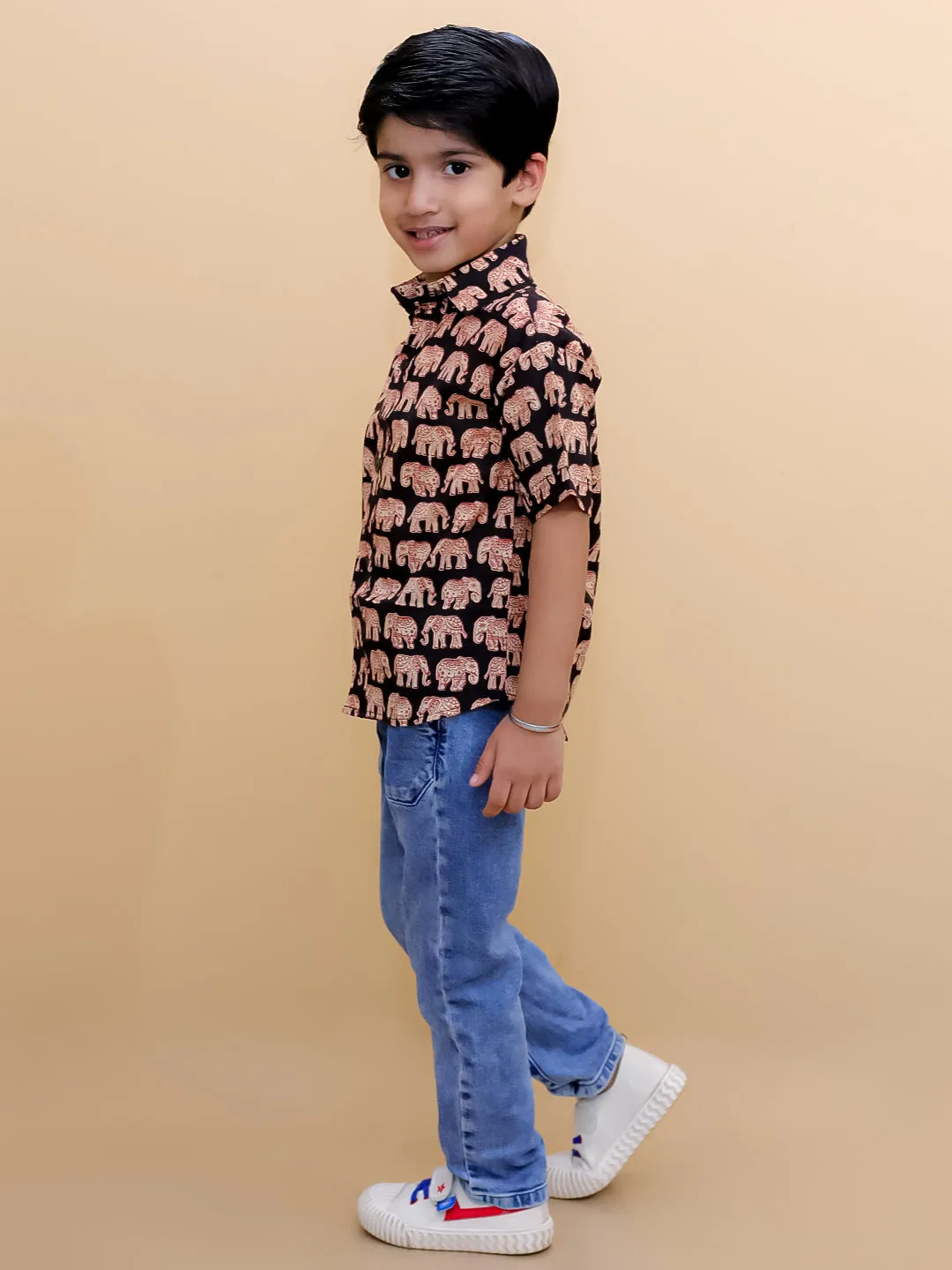 Black Elephant Print Boys Shirt