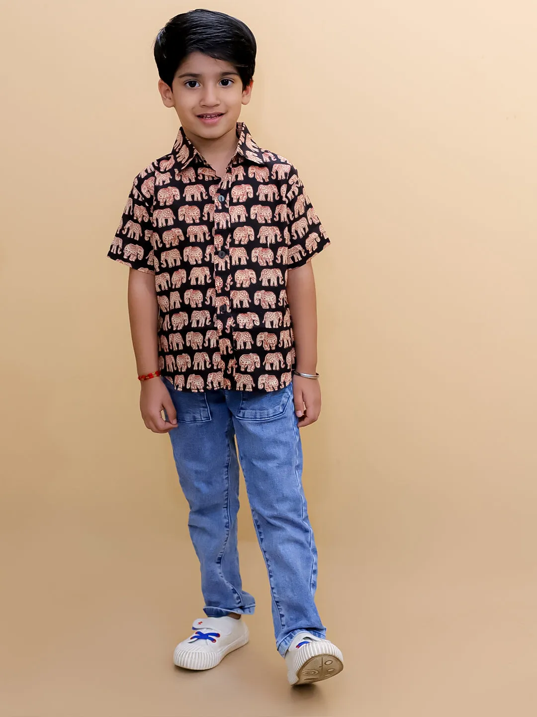 Black Elephant Print Boys Shirt