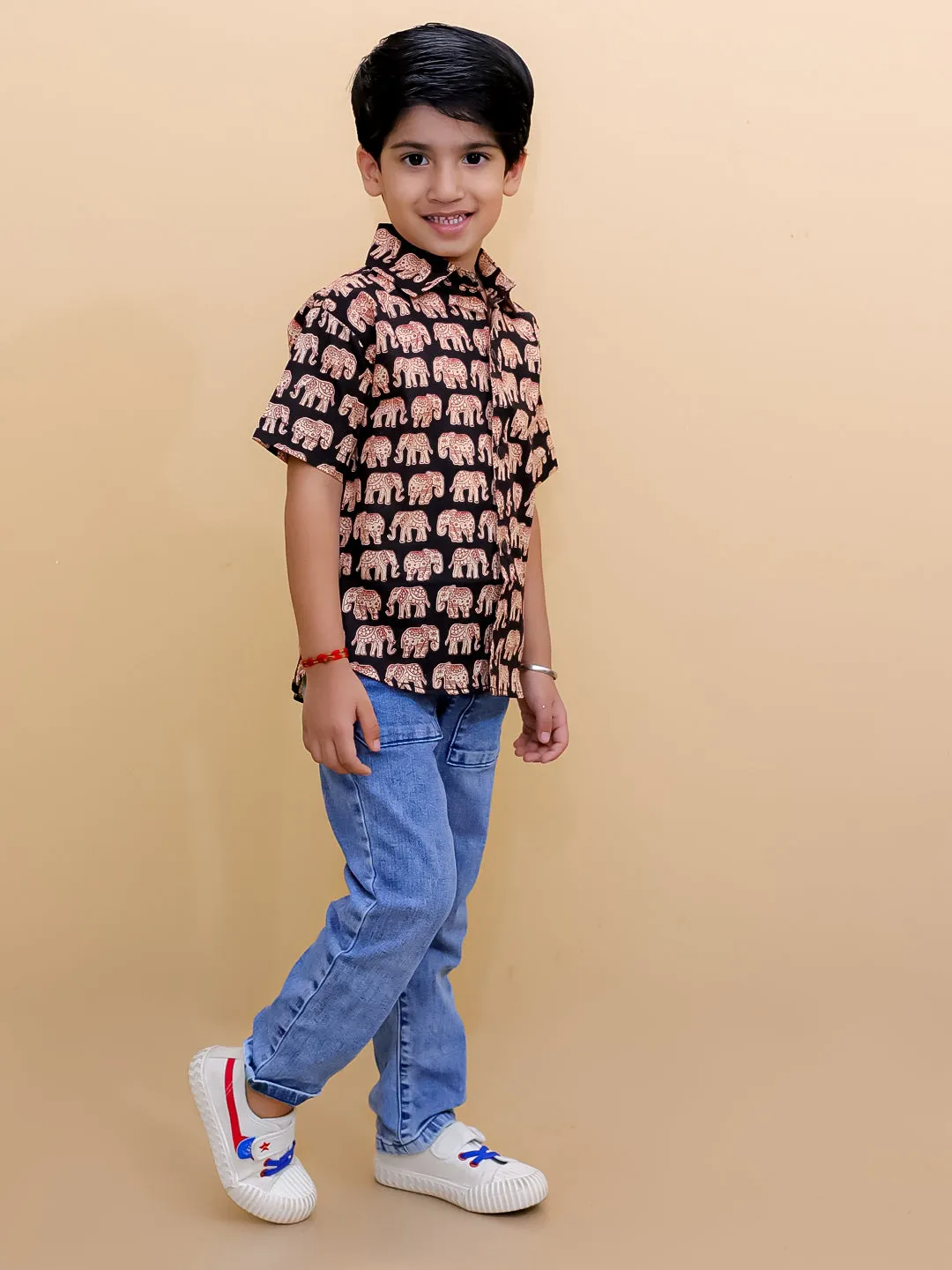 Black Elephant Print Boys Shirt