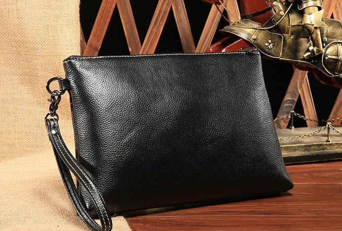 Black Leather Mens Wristlet Wallet Bag Zipper Clutch Wallet For Men