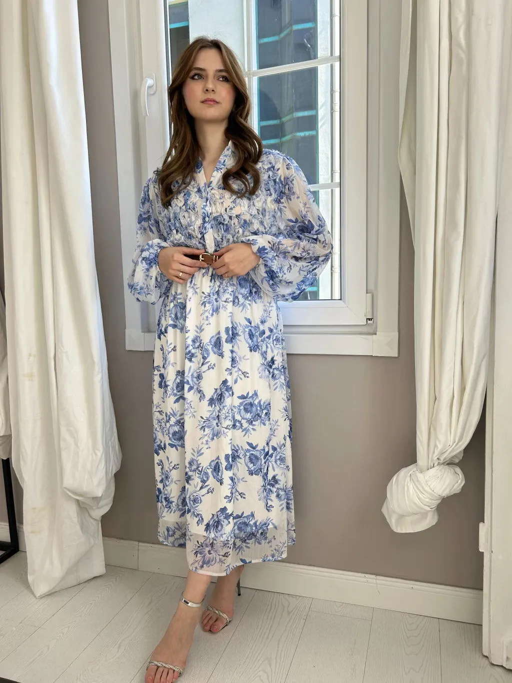 Blue Floral Chiffon Dress with Belt