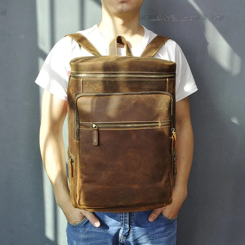 Brown Leather Men's 14 inches Large Barrel Computer Backpack Cylinder Travel Backpack Large College Backpack For Men