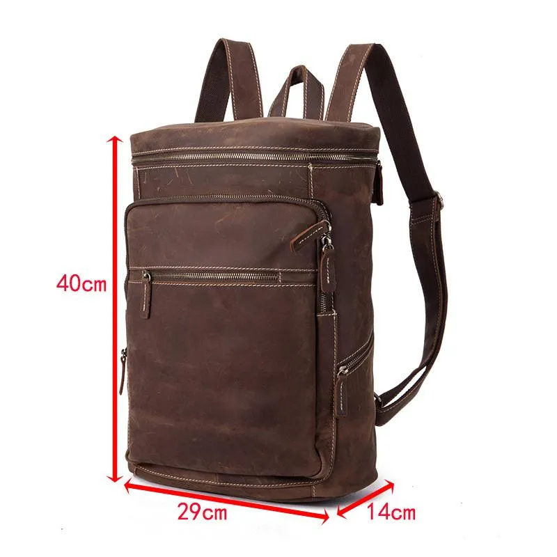 Brown Leather Men's 14 inches Large Barrel Computer Backpack Cylinder Travel Backpack Large College Backpack For Men