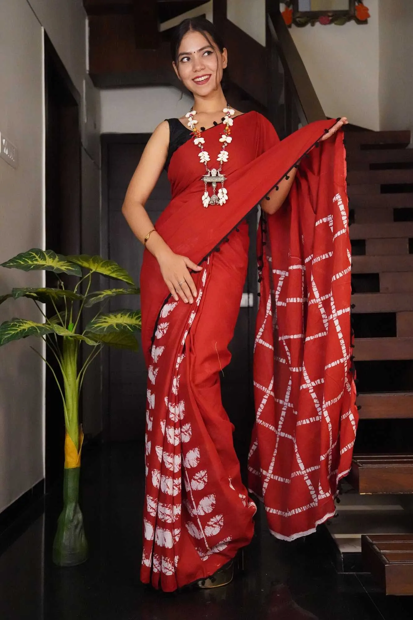 Burgundy hand block mul mul cotton wrap in 1 minute saree with pom pom