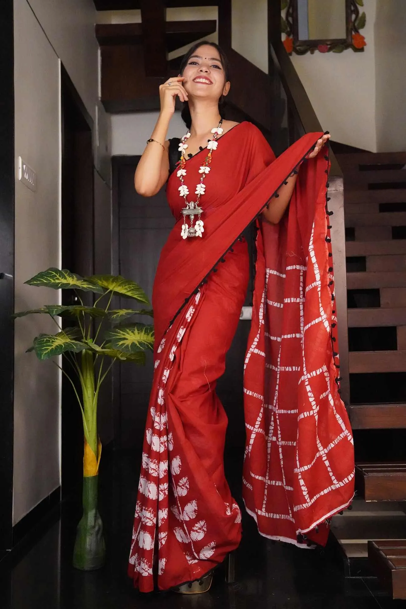 Burgundy hand block mul mul cotton wrap in 1 minute saree with pom pom