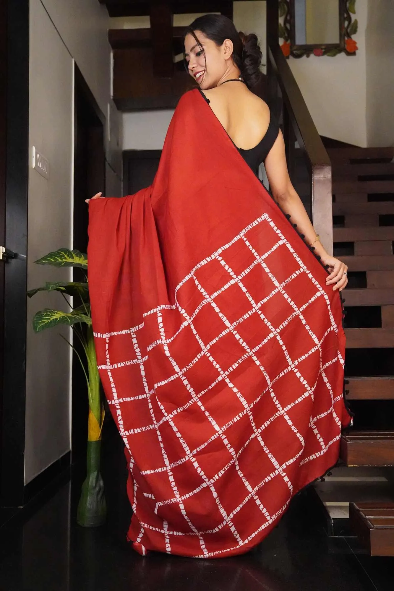 Burgundy hand block mul mul cotton wrap in 1 minute saree with pom pom