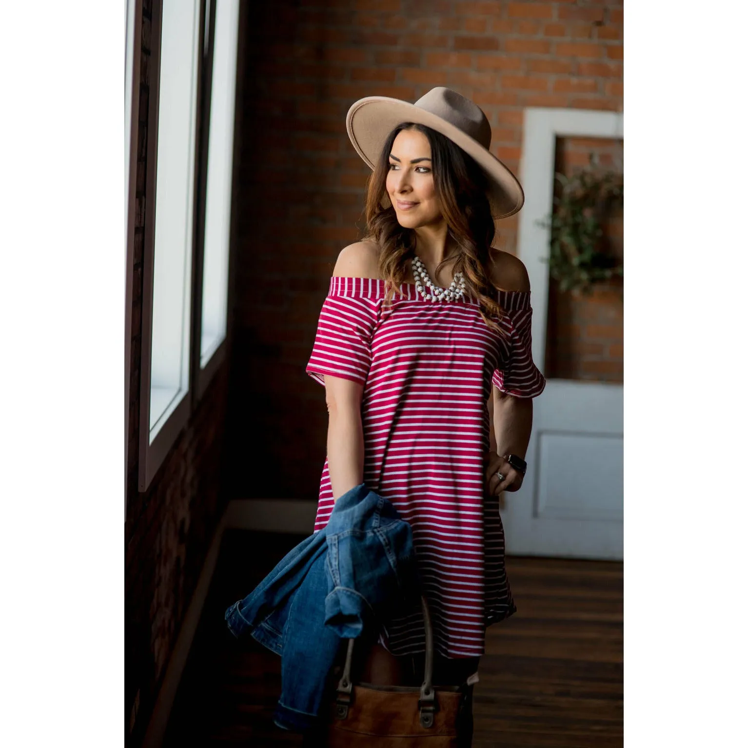 Burgundy Off the Shoulder Tee Dress