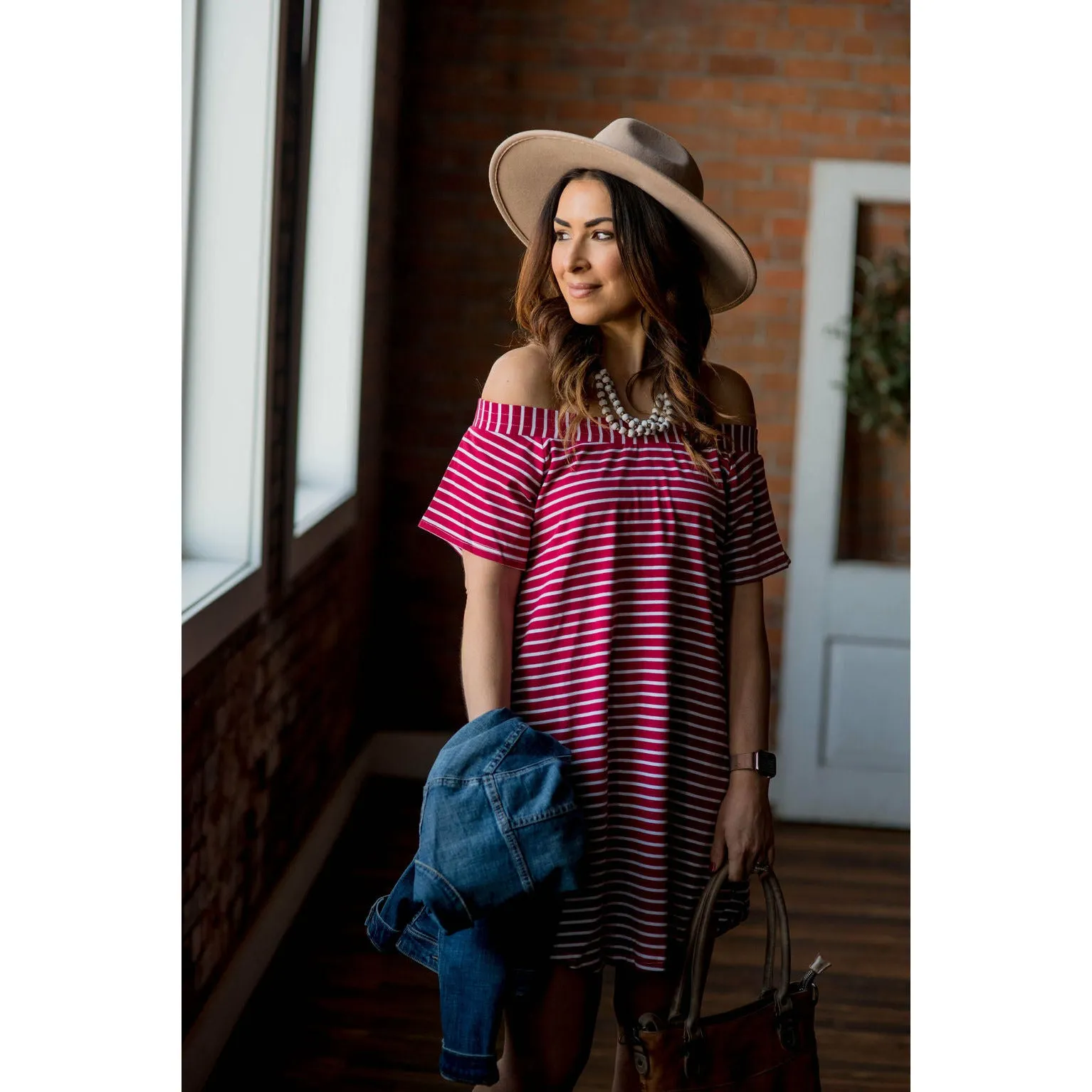 Burgundy Off the Shoulder Tee Dress