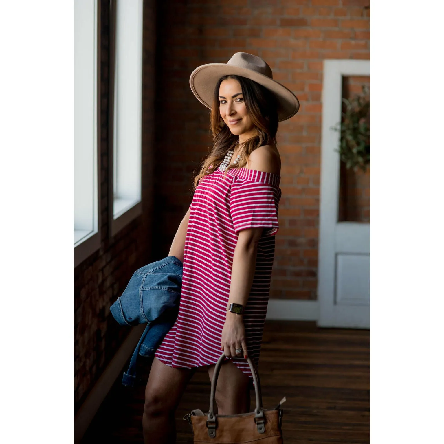 Burgundy Off the Shoulder Tee Dress