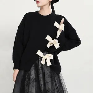 Casual Knitting Sweaters For Women Round Neck Long Sleeve Patchwork Lace Up Hollow Out Sweater Female Fashion