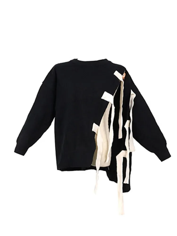 Casual Knitting Sweaters For Women Round Neck Long Sleeve Patchwork Lace Up Hollow Out Sweater Female Fashion