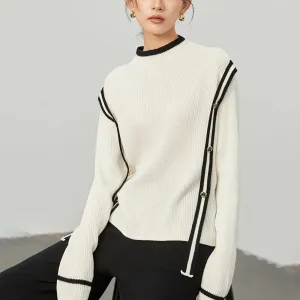 Colorblock Knitting Sweaters For Women Round Neck Long Sleeves Patchwork Button Minimalist Casual Sweater Female