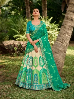 Cream and Green Silk Wedding Lehenga Choli