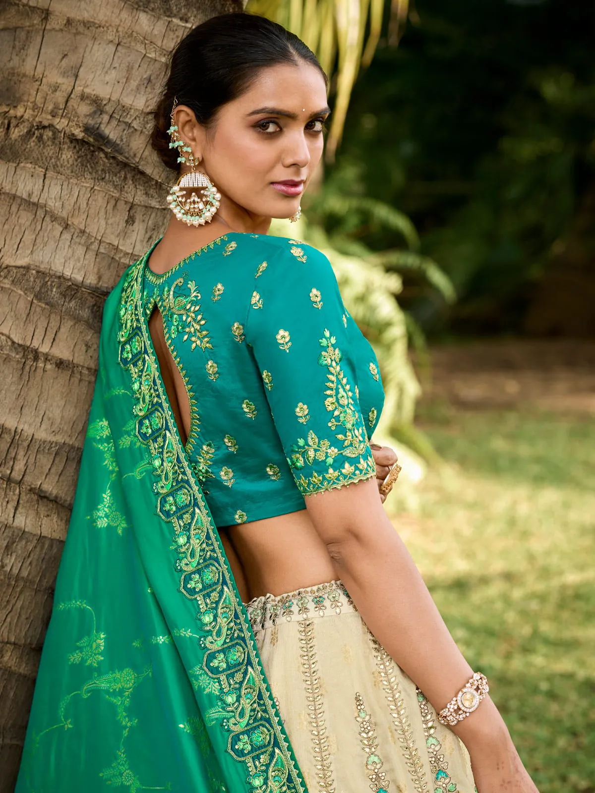 Cream and Green Silk Wedding Lehenga Choli