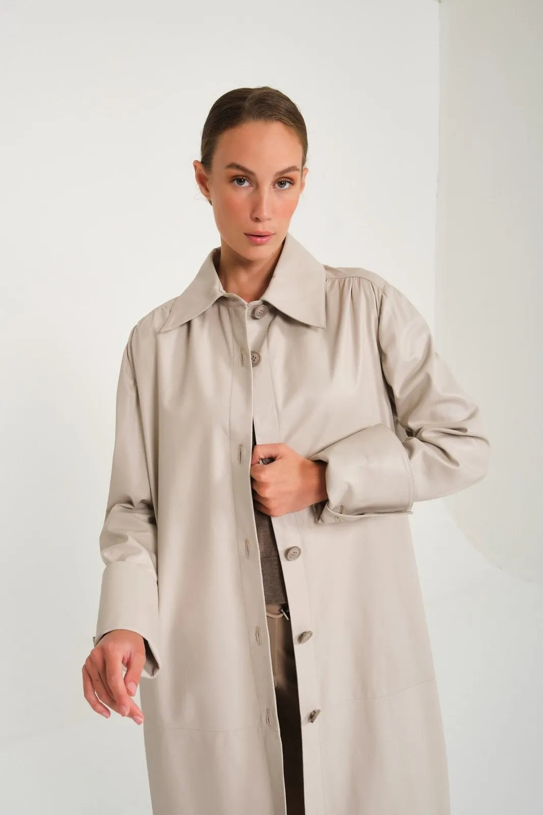 Cream Color Long Leather Trenchcoat