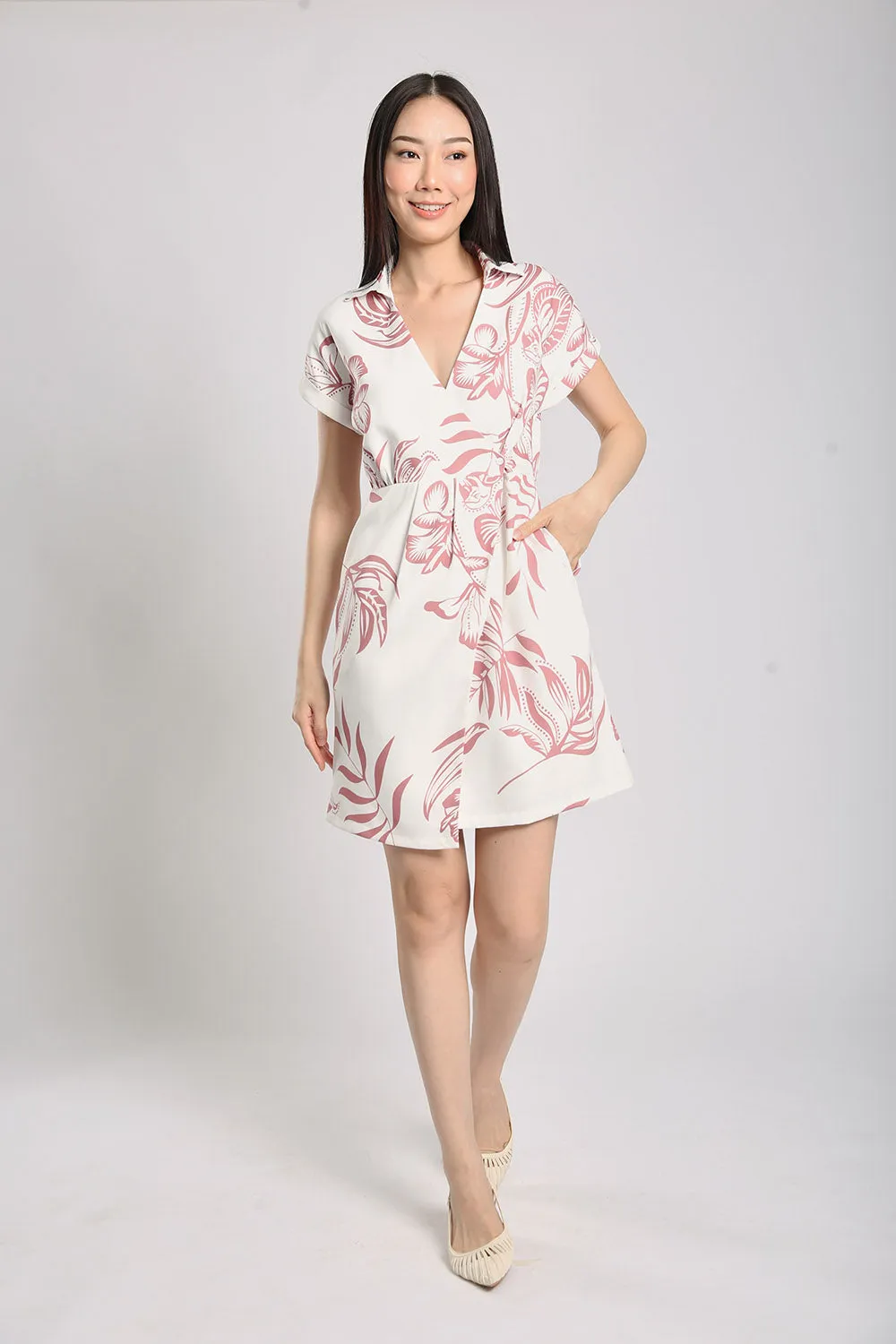 Danara Midi Dress in Rust Pink Floral Print