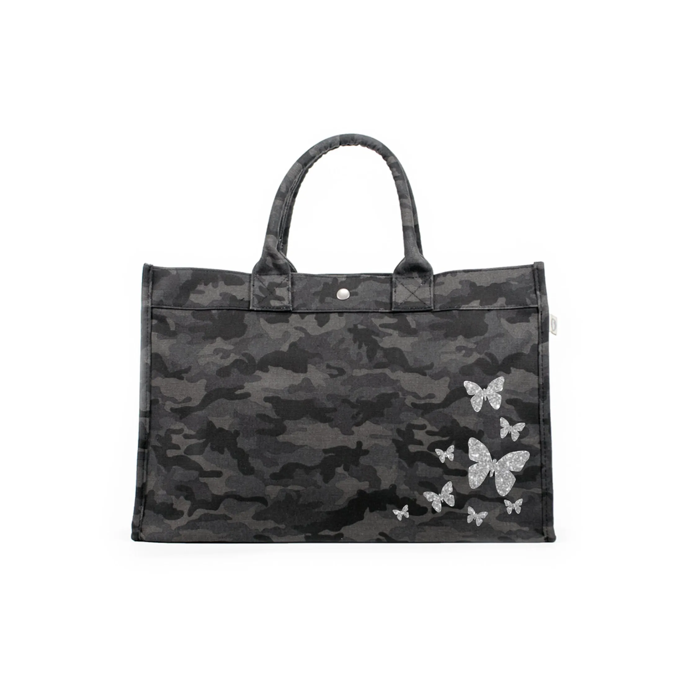 East West Bag: Black Camo with Silver Glitter Scatter Butterflies