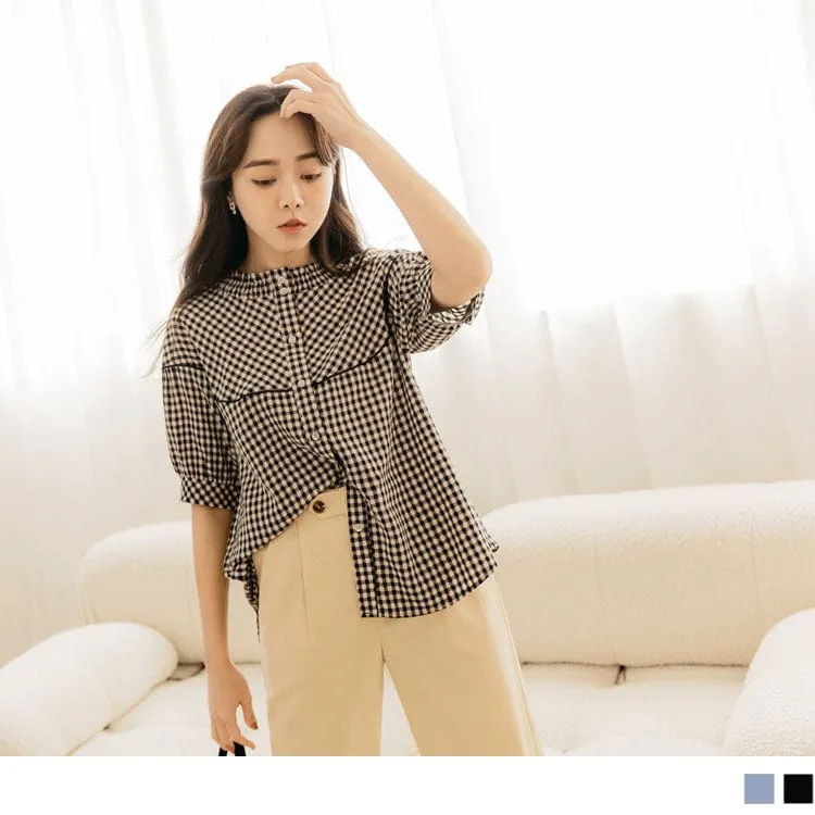 ELASTIC COLLAR CHECKED BUTTONS SHORT SLEEVE TOPS