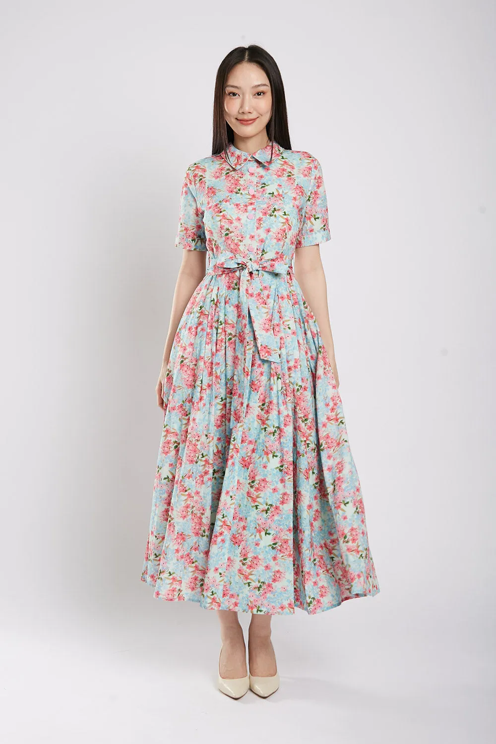 Erinn Collar Maxi Printed Dress in Green Floral