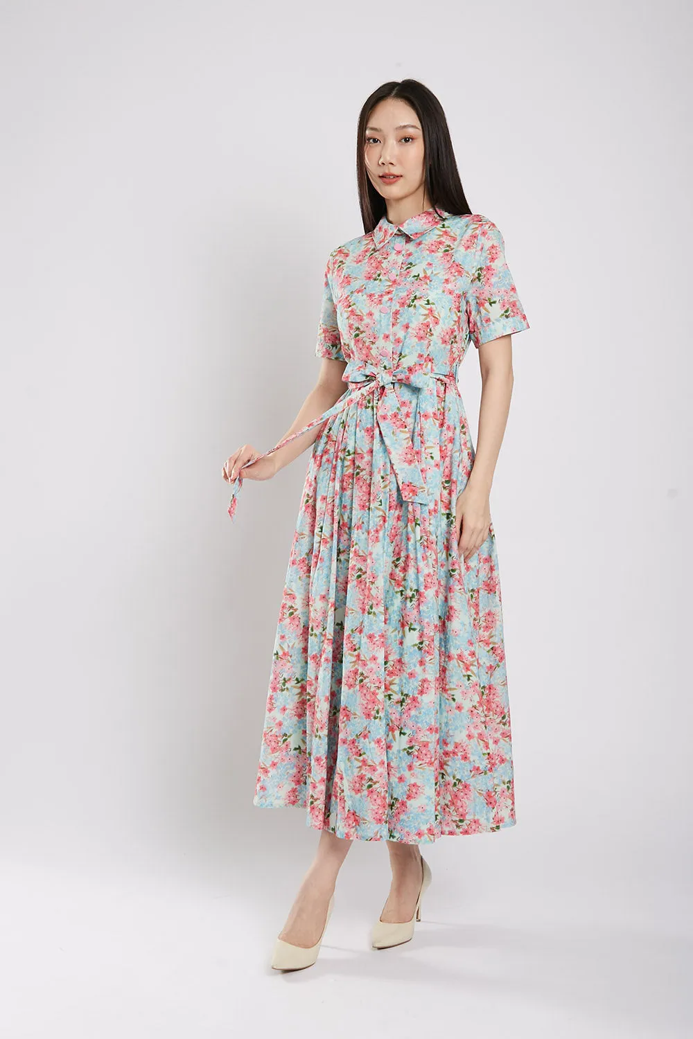 Erinn Collar Maxi Printed Dress in Green Floral